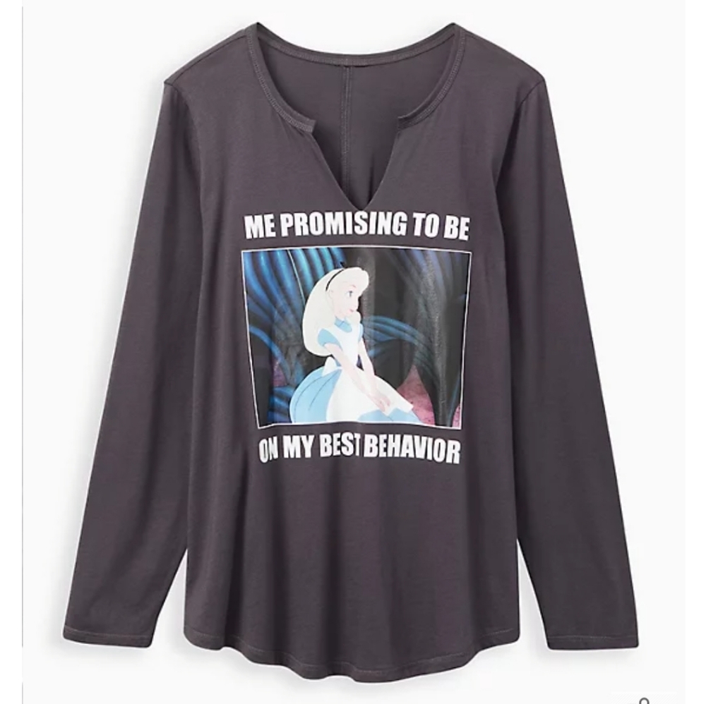 torrid disney tunic-top Alice in wonderland best behavior meme grey size 1X NWT